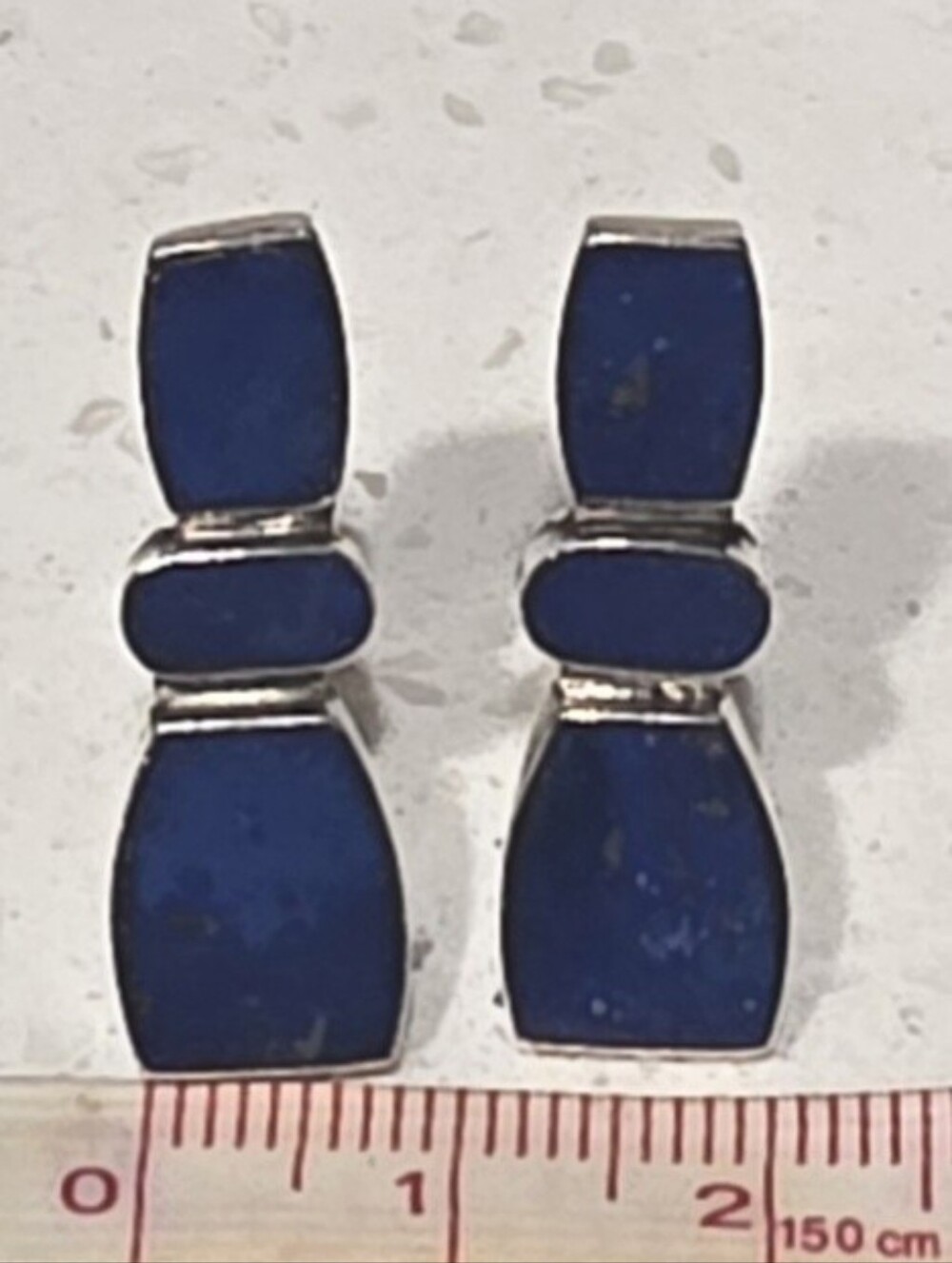 Vintage Modernist Lapis Lazuli Sterling Inlay Triple-Panel Drop Clip On Earrings